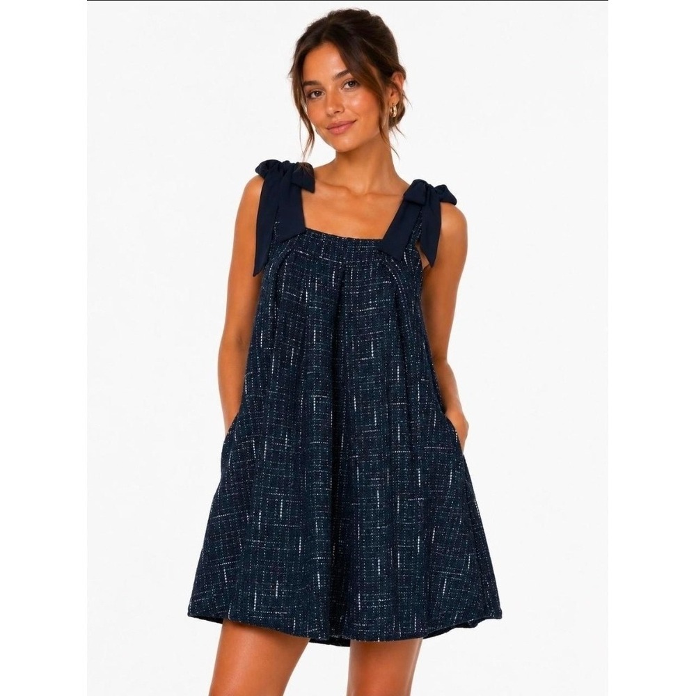 Zara Tweed Boucle Tie Shoulder Babydoll Mini bubble hem Dress Small 4387/248